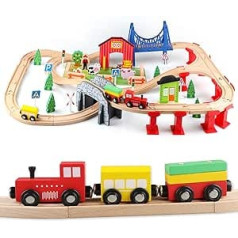 Jacootoys 80 Pieces Wooden Train Set Wooden Train Toy Combinable Toy Train for Children 3+ Years Old Girls Boys