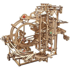 UGEARS koka marmora skrējiena komplekts — Tēva dienas dāvana, 3D puzle, koka marmora skrējiens, pacēlājs ar 3 pakāpju pacelšanas mehānismu un 10 marmori — kinētiska DIY marmora skrējiena koka puzle — 3D koka puzle