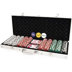 MY Texas Hold'em pokera komplekts — 500 daļiņu komplekts alumīnija futrālī ar 11,5 g pokera žetoniem, 2 spēļu kāršu komplektiem, dīleru, lielās un mazās blind pogām un 5 kauliņiem