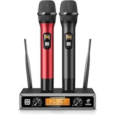 TONOR Wireless Wireless Microphone UHF Professional Dynamic Wireless Dual Microphone Handheld Microphone System Home KTV Set for Karaoke, Party, DJ, Church, Wedding, 60 Metres, TW820, Black and Red