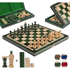 Lielā karalistes šaha spēle un dambretes spēle | Šaha meistars Zaļā krāsā | Šaha komplekts 35cm | Kvalitatīvs ceļojumu šaha komplekts — ar rokām izgatavots pārnēsājams šahs bērniem un pieaugušajiem