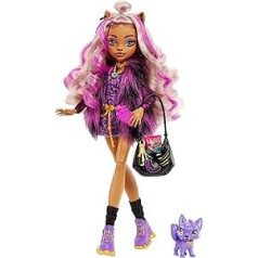 MATTEL Monster High Clawdeen Doll with Animal Print Jumper and Scary Beautiful Long-Sleeved Top and Golden Jewellery, with Pet Cat Crescent, for Children from 6 Years, HHK52
