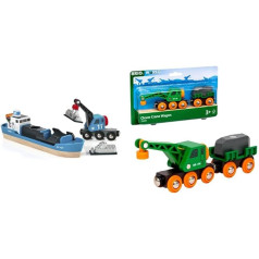 BRIO Bahn 33534 Container Ship with Crane Truck & Train 33698 Green Crane Truck with Trailer and Cargo, White