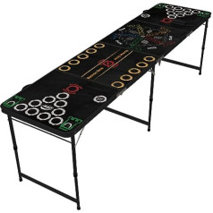 Beerpong Multigame II galds, ieskaitot 25 sarkanas + 25 zilas 16 unces krūzes, 50 sarkanās 2 unces krūzes un 6 galda tenisa bumbiņas un 2 kauliņus — 5 ballīšu spēles uz alus tenisa galda