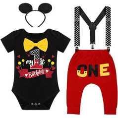 Baby Boys 1. dzimšanas dienas ballīte Mickey Mouse greznā apģērba tauriņš + regulējamas Y lencēm + bikses + galvas saite 4 gab Gentleman Cake Smash apģērbu foto uzņemšana