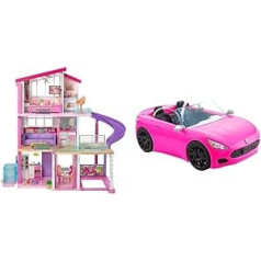 Barbie Dream House komplekts ar 3 stāviem, 8 istabām, baseinu ar slidkalniņu un piederumiem, apm. 116 cm augsts ar gaismām un skaņām + Bārbijas kabriolets, rozā ar ripošiem riteņiem, 2 vietīgi