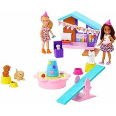 Barbie Chelsea Doggy Party divas lelles ar mājdzīvniekiem un rotaļu komplekts ar piederumiem, rotaļlieta + 3 gadi (Mattel HJY88)