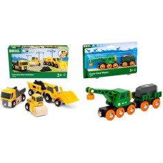 BRIO World 33658 Celtniecības transportlīdzekļi — koka dzelzceļu papildināšana — ieteicams no 3 gadiem un vilciena 33698 — zaļa celtņa kravas automašīna ar piekabi un kravu, balta