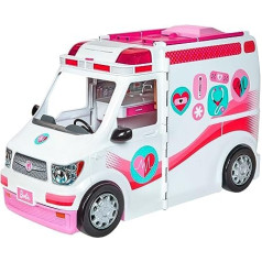 Barbie FRM19 2-in-1 Ātrās palīdzības automašīna, Saliekams transportlīdzeklis ar gaismu un skaņu, Leļļu rotaļu komplekts ar piederumiem, Rotaļlieta meitenēm no 3 gadiem