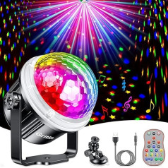 ‎Gritin Disko bumba, Gritin 360° rotējoša skaņas aktivēta LED ballīšu lampa ar dinamisku zvaigžņu rakstu, 15 krāsu RGBY disko gaismas efekti ar tālvadības pulti un USB kabelis ballītēm/KTV/Ziemassvētkiem/bērniem