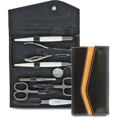 Nippes Solingen Premium Line Seam Manicure Set, 7 Pieces, Stainless Steel, Nickel and Rust-Proof, Black Cowhide Leather Nail Case with Contrast Stripes, Nail Care Set, Made in Solingen/Germany