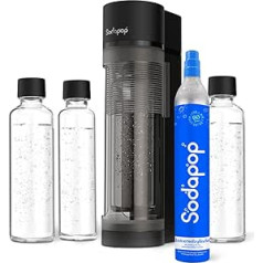 Sodapop Logan Water Carbonator Starter Set with CO₂ Cylinder and 3 x Glass Bottles, Matt Black, Height 42.6 cm