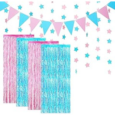 Joyeah 4 Pieces Foil Fringe Curtains Pink Blue Metallic Tinsel Curtain Bunting Banner Glitter Paper Star Shape Garland Decorations Streamers Background for Baby Shower Party