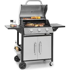 Klarstein Gas Grill with Large Grill Surface, Gas Grill with 3 Burners, 10.8 kW Stainless Steel Gas Grill, BBQ Gas Grill for Balcony & Garden, Grill for Propane Gas, Gas Grills with Side Tables and