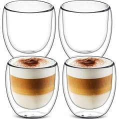 Gunolye 4 x 250 ml dubultsienu glāzes, Latte Macchiato glāzes, espresso tasīšu komplekts, dzeramās glāzes, tējas glāzes, dubultsienu, izgatavotas no borsilikāta stikla, karstumizturība un aukstuma izturība