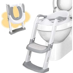 DEANIC bērnu tualetes sēdeklis ar kāpnēm, podiņš ar kāpnēm un PU polsterējumu, tualetes sēdeklis bērniem no 1-7 gadiem, tualetes sēdeklis bērniem 38-47 cm (pelēks)