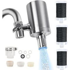 Stainless Steel Water Filter Tap, Water Filter Drinking Water with Blue Light, Tap Water Filter Removes Chlorine, Heavy Metals and Bad Taste, for Standard Taps (3 Filters Included)