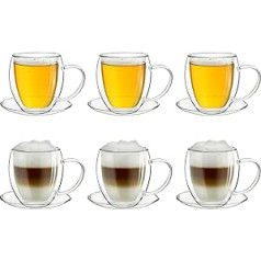 Creano 6 doppelwandige 250 ml Glas-Thermotassen ar Untersetzer, Glas-Teetasse/Kaffeetasse ar Schwebeeffekt, Glastasse ar Henkel un Untersetzer im Geschenkkarton - 6er Set