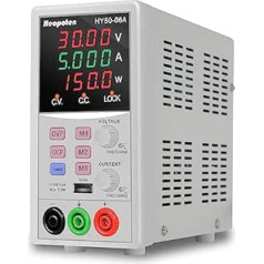 Heopoten Laboratory Power Supply, 50 V 6 A 150 W Programmable Laboratory Power Supply, High Precision 4-Digit Two-Tone LED Display, 5 V2 A USB Output, Alligator Cables and Power Cable