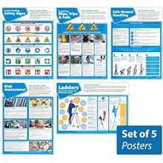5 drošības plakātu komplekts, laminēts A1 drošības plakāts, kura izmērs ir 594 mm x 841 mm. Visu darbinieku veselības un drošības veicināšana ar krāsu un attēliem, ko sniedz Daydream Education