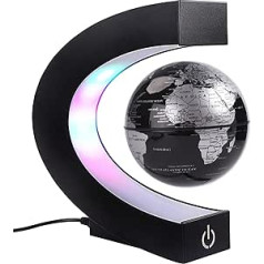 Magnetic Floating Globe with Coloured LED Lights, C Shape, Anti-Gravity Magnetic Levitation, Rotating World Map for Gift, Home, Office, Desk Decoration (with Switch, Black)