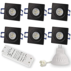 6 x LED padziļināti prožektori, melns, kvadrātveida, 3 W, silti balts, 12 V, MR11, IP44 vannas istabai, izmantošanai ārpus telpām, diametrs 40 mm, urbums, vannas istaba, terase, padziļināts prožektors, griestu prožektors, griestu prožektors