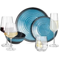 Melamine Camping Tableware Set for 1-4 People, 4-32 Pieces, Cup, Bowl, Glasses, Plate Set, Picnic BBQ Cookware, Stone Blue