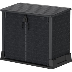 Duramax Cedargrain StoreAway 850L Plastic Garden Storage Shed - Outdoor Storage Bike Shed - Durable & Strong Construction - Ideal for Tools, Bikes, BBQs & 2x 120L Garbage Bins, 130 x 74 x 110 cm, Grey