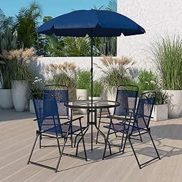 Flash Furniture Glass Patio Table and Chair Navy Set of 6