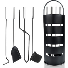 Aufun Fireplace Cutlery Set Stainless Steel 5-Piece Modern Fireplace Accessory Set Including Broom, Shovel, Poker, Tongs and Stand with Privacy Screen Black