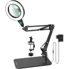 20 Dioptre Magnifying Glass with Light and Stand, Touch Control, 2-in-1 LED Magnifying Lamp, Desk Lamp with Large Base and Clamp, 3 Colour Modes, Dimmable, Magnifying Lamp for Hobby Crafts, Black