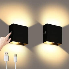Lightess 2 x LED Wall Lights Indoor Battery Operated Dimmable Wall Light with Touch Control Rechargeable USB Warm White Up Down Wall Lamp Battery Wall Lights for Bedroom Living Room Black