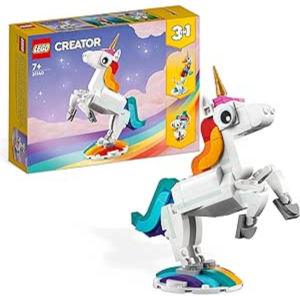 LEGO 31140 Creator 3-in-1 Magic Unicorn Toy, Seahorse, Peacock, Rainbow Unicorn Animal Figures, Gift for Girls and Boys, Buildable Toy