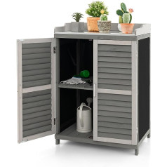 COSTWAY Wooden Garden Cabinet, Storage Cabinet, Wooden Cabinet with Metal Plate & 2 Storage Shelves & Roll-Up Doors, Tool Cabinet, Tool Shed, Shed Cabinet, Patio, Backyard, Grey