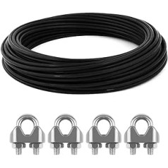 15 m Wire Rope 3 mm Stainless Steel Black PVC Steel Cable Coated Waterproof Wire Rope with 4 Stainless Steel Wire Rope Clips for Picture Frame Curtain Railing Rope Garden Furniture Patio Furniture 7 x