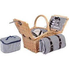 2-4 Person Wicker Picnic Basket Picnic Case Set Blanket, Cutlery Glasses, Plates (Brown)