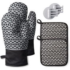 ALIOBC Oven Gloves, Non-Slip Oven Gloves, Set of 4, Heat Resistant Baking Gloves, Silicone Cooking Gloves with Non-Slip Silicone Pattern, for Cooking, Baking, Oven (Black)