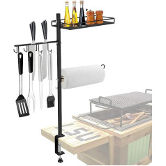 3-in-1 Barbecue Accessories Organiser, Grill BBQ Caddy for Outdoor, Grill Accessories Holder, Camping BBQ Spices Caddy with Paper Towel Holder, Hook, Flat Net Shelf, Barbecue Utensils Storage Tool