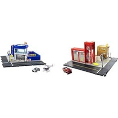 Matchbox HHW22 - Action Drivers Police Station Playset with 1 Helicopter & HBD76 - Fire Station Playset with 1 Fire Engine in 1:64 Scale