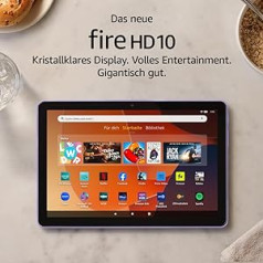 Pilnīgi jauns Amazon Fire HD 10 planšetdators, kas paredzēts atpūtai, 10,1 collu dinamisks Full HD ekrāns, astoņu kodolu procesors, 3 GB RAM, līdz 13 h akumulatora darbības laiks, jaunākais modelis (2023. gada izlaidums), 32 GB, ceriņi, ar