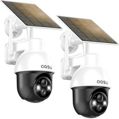 AOSU āra novērošanas kamera ar saules paneli, panorāmas PTZ, automātiska personu izsekošana, 2K nakts redzamība, gaismas un skaņas signalizācija, divvirzienu audio, savietojams ar Alexa/Google Assistant (2-pack)