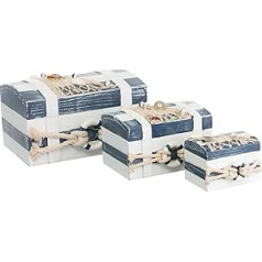 Brandsseller Set of 3 Chest Storage Boxes Decorative Wooden Crates Beach Style with Maritime Accessories Blue/White