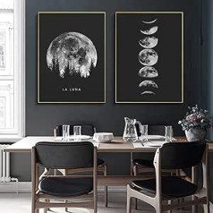 Trayosin Premium plakātu komplekts, 2 attēli Minimālisma Black White Moon Phases Art Print Moderni sienas attēli, Sienas apdare guļamistabai un viesistabai, Vintage plakāts, Bez rāmja (50 x 70 cm)