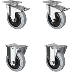 CASCOO SETTPFP125R4E2B34 Castors Set 2 Swivel Castors with Locks, 2 Fixed Castors, Polyamide, Elastic Grey, Rubber, Diameter 125 mm, Ball Bearings, Transport Castors, Load Capacity 600 kg (Pack of 4)