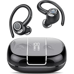 Csasan Bluetooth sporta austiņas, bezvadu Bluetooth 5.3 austiņas ar ausu āķiem, 48 stundu 3D stereo CVC 8.0 HD zvanu ieliekamas austiņas ar mikrofonu, IPX7 ūdensizturīgs, LED displejs, skārienvadība