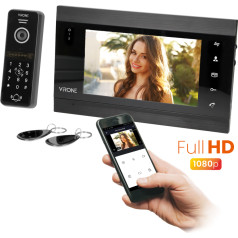 VIFIS Full HD video domofonu komplekts, brīvroku, 7" LCD monitors, OSD izvēlne, Full HD 1080P kamera, ar šifrēšanu, karšu un atslēgu piekariņu lasītājs un mobilo aplikāciju, melns