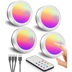 RGB LED prožektors ar akumulatoru un tālvadības pulti, USB uzlādējams displeja skapja apgaismojums bezvadu apaļš apakšējais apgaismojums virtuves LED krāsu maiņas skapja apgaismojums magnētiskais plauktu apgaismojums