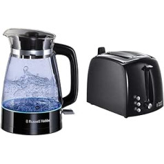 Russell Hobbs Tosters Textures+, 2 īpaši plati grauzdiņu sloti, bulciņu stiprinājums, 850 W, melns 22601-56 un klasisks tējkannas stikla dizains ar LED apgaismojumu (1,7 l, 2400 W) 26080-70