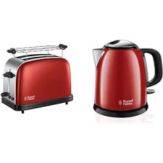 Russell Hobbs tostera krāsas+ sarkans, 2 īpaši plati grauzdiņu sloti, 1670 W, 23330-56 un mini tējkannas krāsas+ sarkans, 1,0 l, 2400 W, ātras vārīšanas funkcija, noņemams kaļķakmens filtrs, kompakts tējas automāts