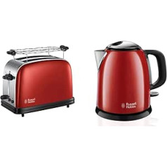 Russell Hobbs Toaster Colours+ Red, 2 Extra Wide Toast Slots, 1670 W, 23330-56 & Mini Kettle Colours+ Red, 1.0 L, 2400 W, Quick Boil Function, Removable Limescale Filter, Compact Tea Maker